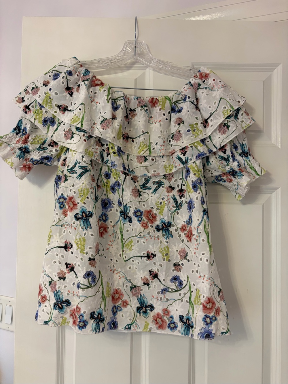 White Floral Eyelet Off-Shoulder Ruffle Blouse